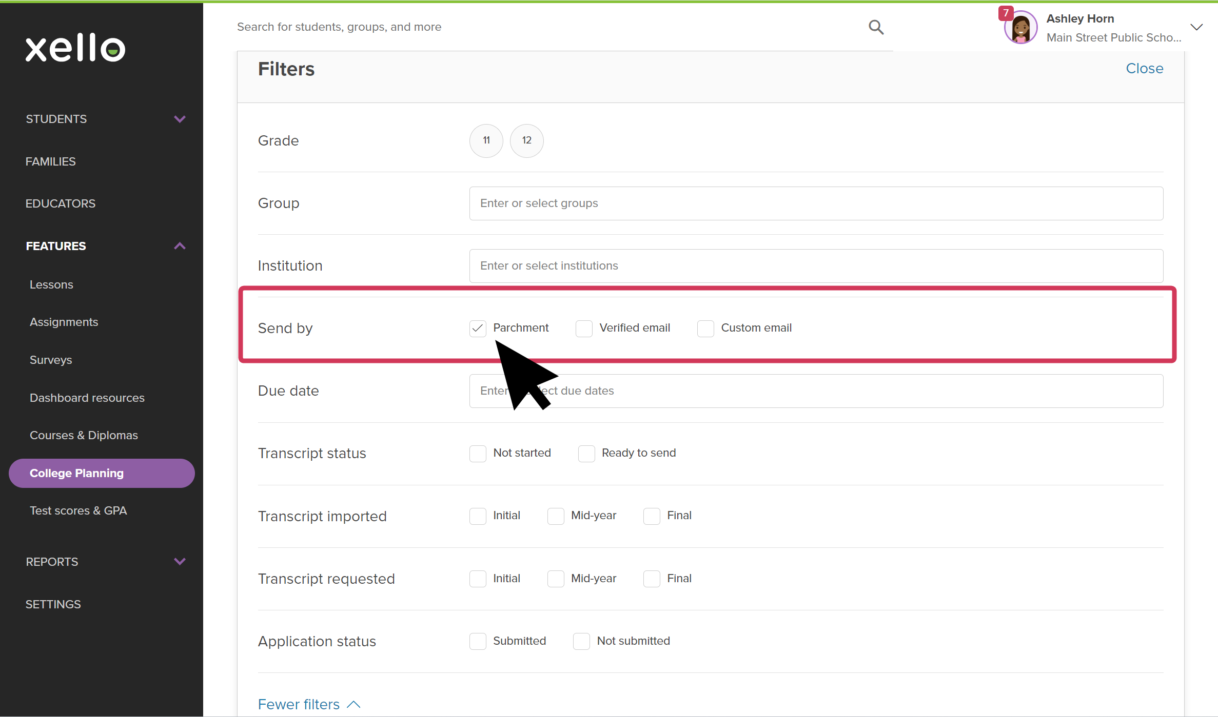 Transcripts page in Xello with Latests Requests tab open. The "All Requests" dropdown is open and "In-Network" is highlighted